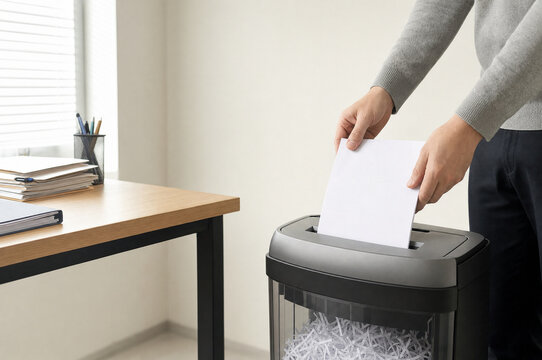 Office worker shredding confidential documents for secure disposal