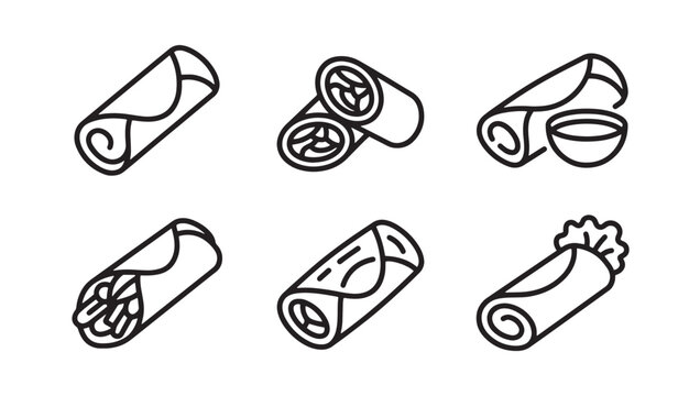 Set of burrito wrap and spring roll food icons in outline vector style with delicious tortilla vegetable collection restaurant nutrition ingredient appetizer monochrome isometric
