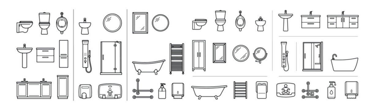 Bathroom Fixtures Icons Set &mdash; Line Art Plumbing Symbols for Interior Design and Architecture