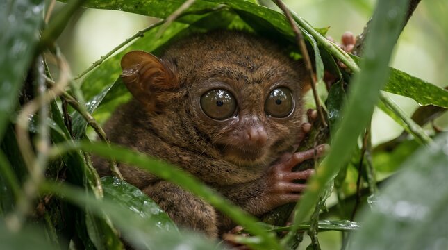 Philippine tarsier peeking through lush green foliage in natural rainforest habitat
