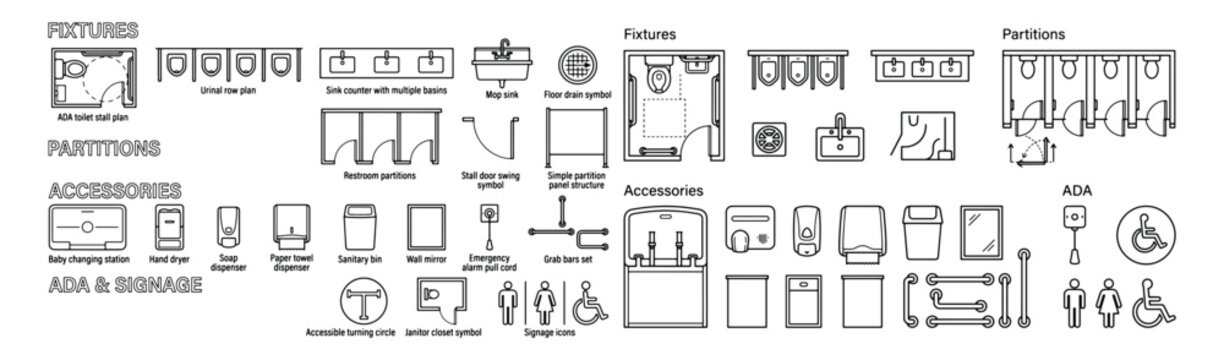 Restroom Fixtures Icons Set With ADA Signage, Partitions and Plumbing Symbols for Architectural Plans