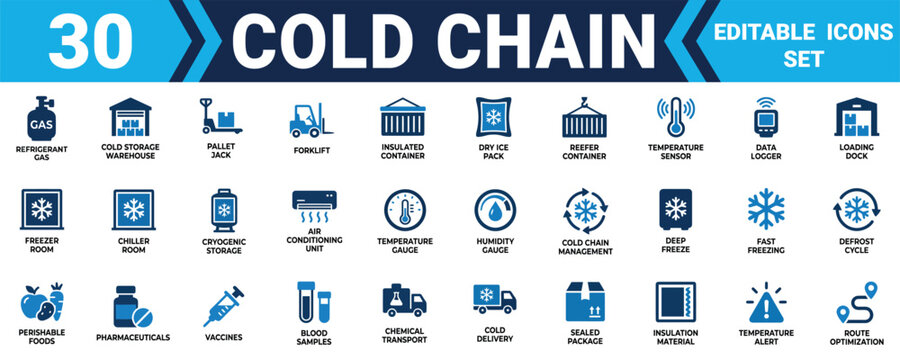 Set of 30 cold chain and logistics icons for temperature controlled shipping and storage of goods Minimal solid fill icon set bundle collection. Editable Vector Illustration Mega pack