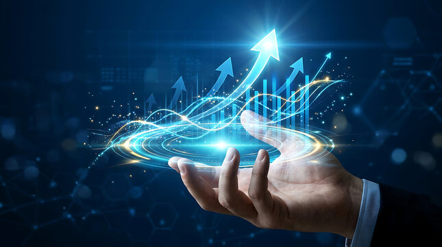 Hand interacting with glowing financial analytics chart and rising arrows representing business expansion and investment success