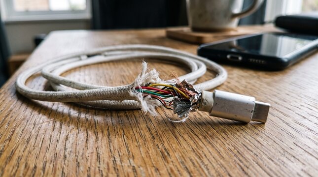 Damaged white usb cable with exposed wires on wooden table with next black smartphone lying wooden electronics technology insulation failure broken frayed copper repair with hazard