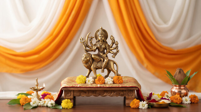 Hindu goddess Durga statue riding a lion on a decorated altar with flowers, oil lamp, coconut, and draped fabric for Navratri worship and festival celebration