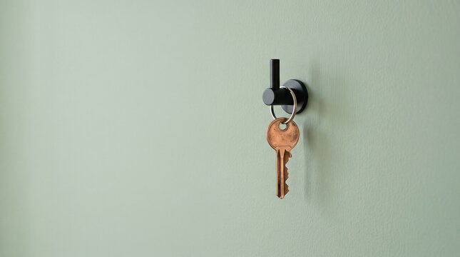 House key hanging on a black wall hook against sage green wall.