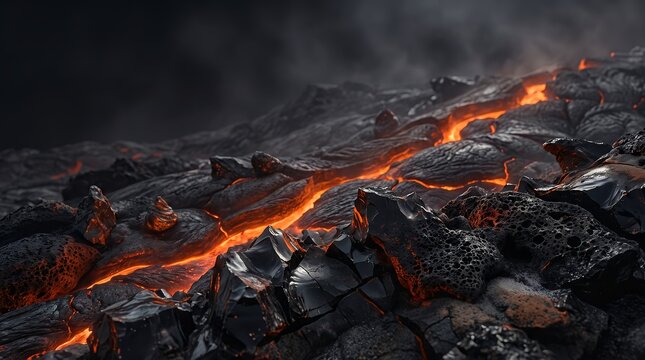 Realistic Volcanic Landscape Flowing Molten Lava Over Dark Hardened Basalt Rocks Nature