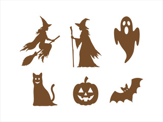 Fototapeta premium Halloween silhouette icons set with witch ghost cat pumpkin and bat flat vector isolated illustration design