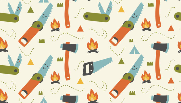 Cute camping-themed seamless pattern with foldable saws, axes, and campfires, perfect for outdoor enthusiasts, adventure lovers, and kid-friendly designs.
