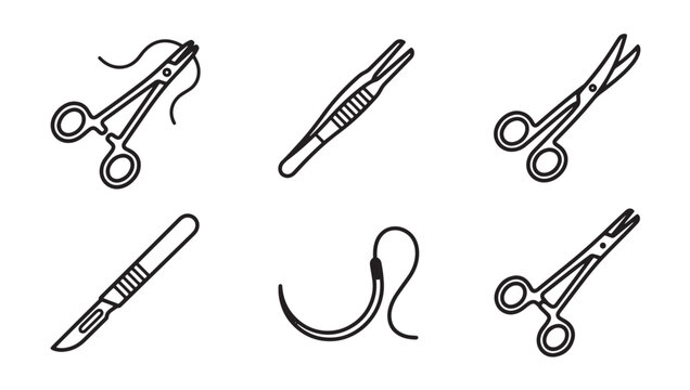 Set of surgical instruments including scalpel scissors forceps and sutures line art vector icons with surgical instrument scissors healthcare hospital clinical medicine treatment procedure
