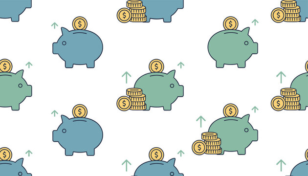 Seamless pattern of blue and green piggy banks with stacks of gold dollar coins on a white background for financial success themes.