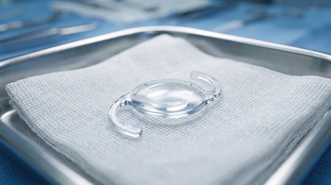 Toric intraocular lens for astigmatism correction placed on sterile gauze in an ophthalmic surgical tray.