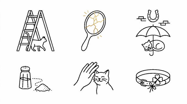A collection of hand drawn line art icons representing various superstitions and good luck charms.