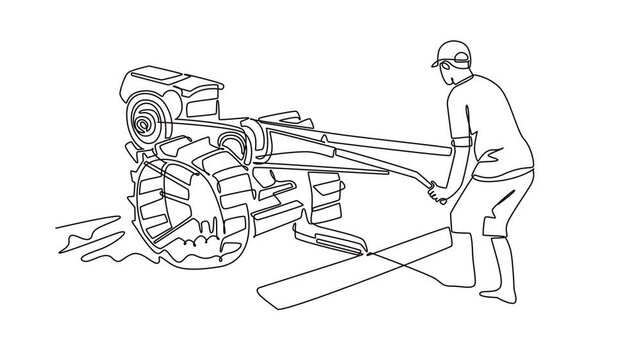 Animated self drawing of continuous line draw young man operating hand walking tractor in muddy agricultural field. Rural farming, soil cultivation, and agrarian labor. Full length one line animation