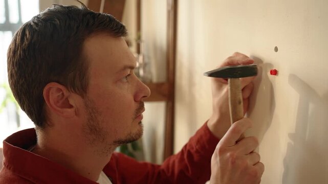Young handyman carefully hammers red plastic wall plugs into pre drilled holes, preparing to install a television mount in a home living room during daytime home improvement