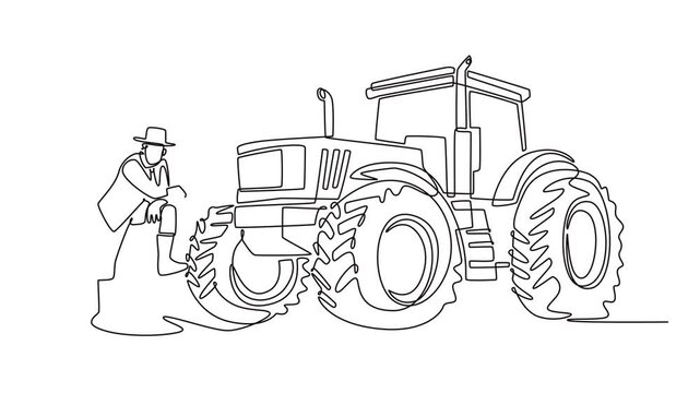 Animated self drawing of continuous line draw young male farmer leaning on a heavy agricultural tractor tire while looking down at growing seedling in cultivated field. Full length one line animation