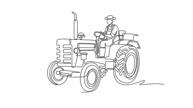 Animated self drawing of continuous line draw a young man wearing hat driving an agricultural tractor. Rural farming activities, field cultivation, and farm machinery. Full length one line animation