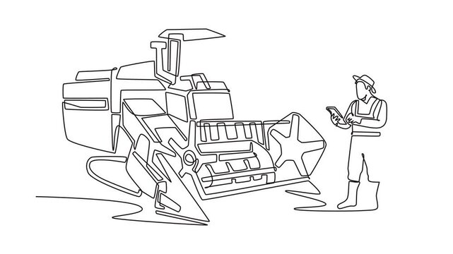 Animated self drawing of continuous line draw young man working as a modern farmer checking digital tablet near large combine harvester, smart agriculture and agronomy. Full length one line animation