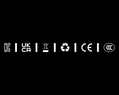 KC UKCA WEEE Recycle CE and CCC Multi-Mark Compliance Icon Set on Black Background