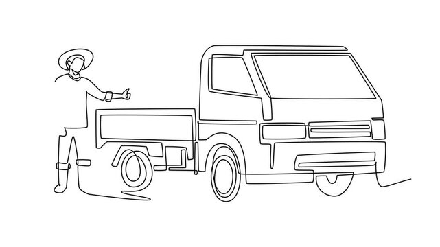 Animated self drawing of continuous line draw a young man farmer wearing straw hat giving thumbs up beside small pickup truck. Agricultural transport and rural harvest. Full length one line animation