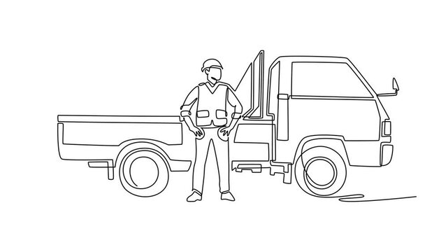 Animated self drawing of continuous line draw young man driver standing in front of an empty pickup truck bed. Freight logistic and automotive cargo transport, delivery. Full length one line animation