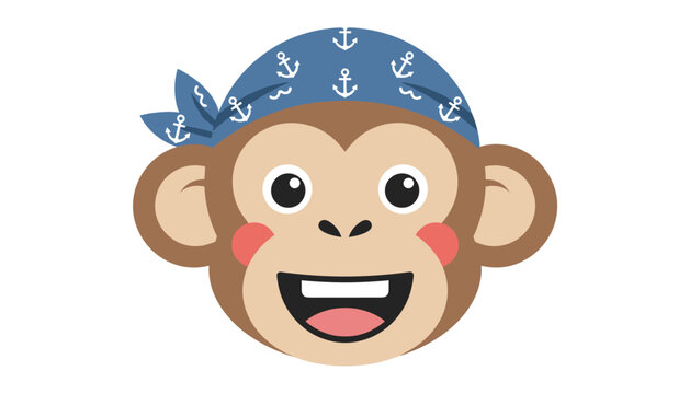 Friendly cartoon monkey head close-up wearing a blue pirate bandana decorated with anchor patterns on white background.