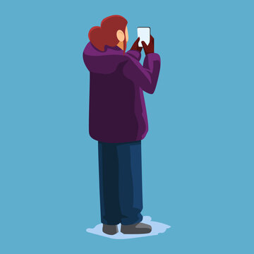 Flat illustration of a woman tourist in a purple winter coat taking a photo with her smartphone. Standing character enjoying a cold seasonal day outdoors.