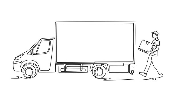 Animated self drawing of continuous line draw young man courier holding parcel package while walking beside delivery cargo truck. Freight logistics and shipping service. Full length one line animation