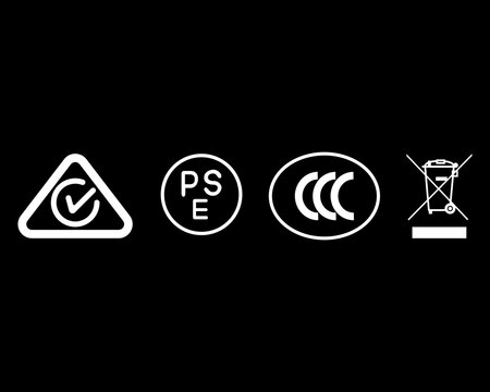 RCM PSE CCC and WEEE Compliance Certification Icon Set on Black Background