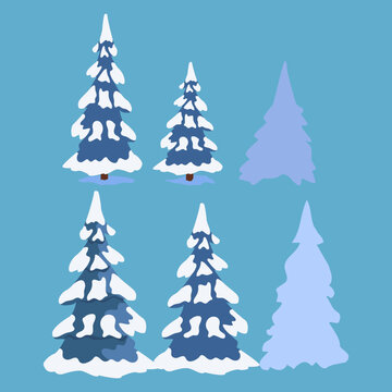 Set of snow-covered pine and spruce trees in flat vector style on a blue background, perfect for winter, Christmas, forest, and seasonal holiday designs.