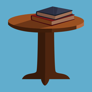 Flat vector illustration of stacked books resting on a round wooden pedestal table against a blue background, suitable for reading, study, home interior, and education themes.