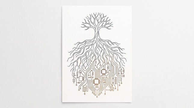 Minimalist digital art poster featuring a stylized tree with intricate roots and circuit board patterns technology minimalist
