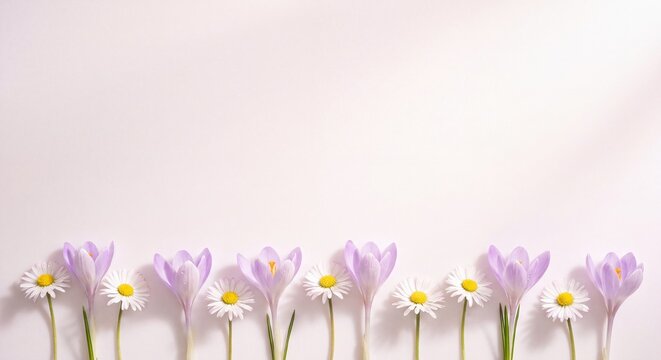 Spring season and nature concept featuring a neat row of fresh purple crocuses and white daisies on a light background with negative space