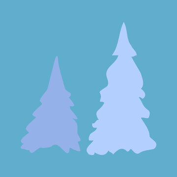 Flat vector illustration of two stylized pine tree silhouettes in soft blue and lavender tones on a blue background, perfect for winter, forest, and seasonal holiday designs.