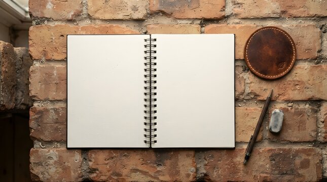 Warm texture mockup of an open blank sketchbook with black spiral binding and a leather coaster on wooden table