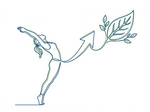 Continuous line art illustration of a woman stretching with an arrow pointing toward a leafy branch stretching continuous illustration minimalist abstract wellness
