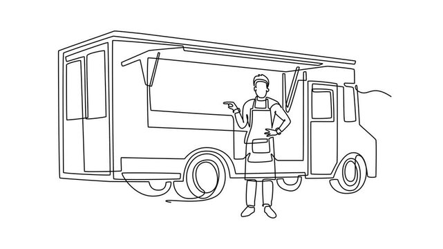 Self drawing animation of single line draw young man wearing apron standing in front of mobile food truck, presenting street culinary business, catering service. Continuous line. Full length animated