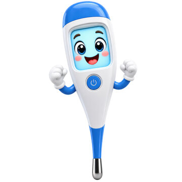 3d medical thermometer character with cheerful expression, blue and white design, raised arms, isolated on transparent background for healthcare illustration