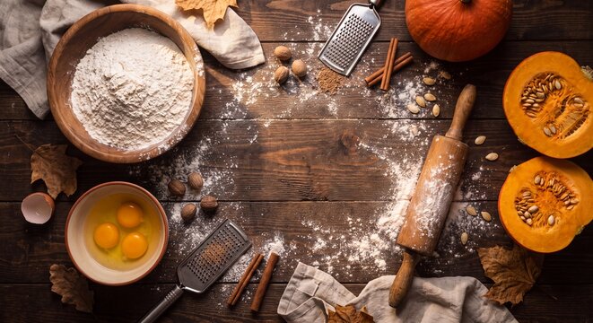 Seasonal fall baking and recipe preparation concept showing a flat lay of autumn pumpkin, flour, eggs, and spices on rustic wooden table background