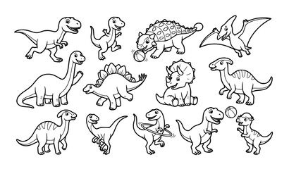 Obraz premium Happy Cartoon Dinosaur Group Playing Kids Coloring Book Black White Vector