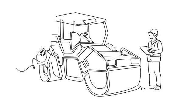 Animated self drawing of continuous line draw male construction inspector wearing safety helmet, vest holding clipboard while inspecting large road roller machinery. Full length single line animation