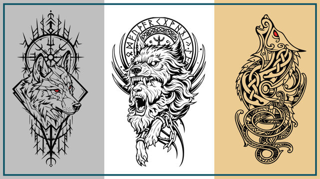 Fierce Wolf Head Tattoo Set with Geometric Ornament, Circular Symbols and Detailed Black Line Art