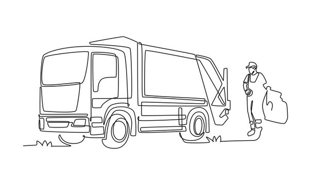 Animated self drawing of continuous line draw young man working as waste collector carrying a plastic trash bag toward a garbage truck. Municipal sanitation service. Full length single line animation