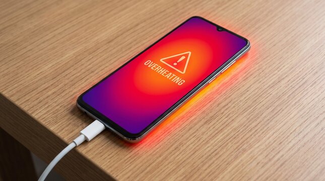 Overheating smartphone warning on wooden desk with charging cable with screen white charging surface overheating cable plugged notification technology problem mobile with device