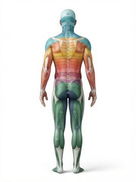 This artwork displays the nerve plexuses and dermatomes linked to spinal nerves on a human figure from the back.