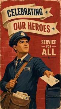 Vintage poster celebrating mail carrier service heroes with dog