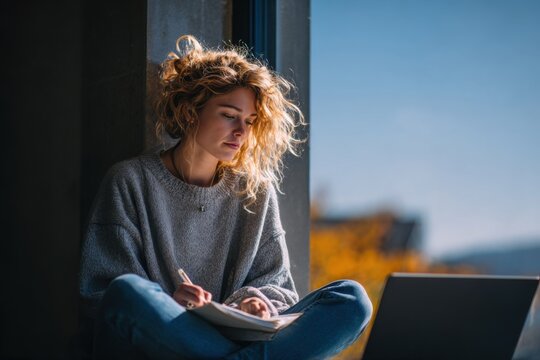 Student reading and taking notes beside a bright window, with an open notebook catching the warm daylight