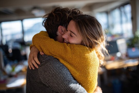 Coworkers celebrating a shared achievement with a joyful embrace in a bright modern office