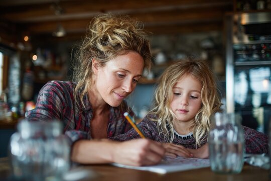 Educator helping a child with homework at the kitchen table, guiding the young learner through a written exercise