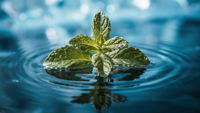 Fresh mint leaves floating on blue water with gentle ripples and soft reflections. Perfect concept for refreshing beverage, natural skincare, or spa therapy themes.